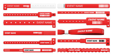 Event bracelet realistic mockups of isolated vector access wristbands, white and red plastic wrist bands and paper entrance tickets with bar codes. 3d event access bracelets for club party and concertのイラスト素材
