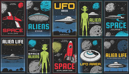 Space exploration, alien life and UFO contact posters. Sci-fi spaceship, retro rocket and flying saucer in outer space, humanoid alien creature, solar system planets and Moon, asteroid vectorのイラスト素材