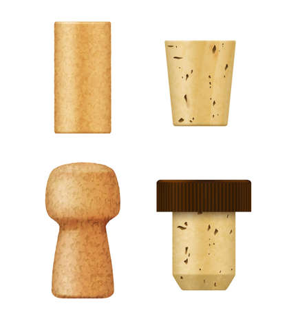 Corks and wine stoppers for bottle, vector realistic 3D objects. Champagne and cognac alcohol drink cork caps or stopper plugs of cork wood natural and synthetic textureのイラスト素材