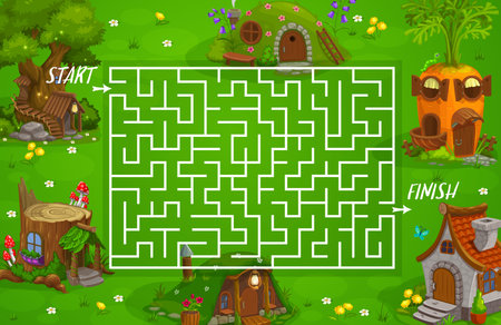 Labyrinth maze fairy houses and dwellings. Vector kid game with cute homes in shape of carrot, stump with fly agarics, tree with stairs and stone house. Cartoon game for children, fantasy forest homesのイラスト素材