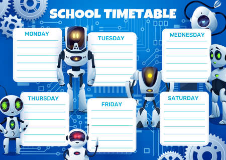 Education timetable schedule. Funny robots and gears, futuristic androids, future machines with artificial intelligence or alien robotic life cartoon vector characters. Kids lessons weekly calendarのイラスト素材