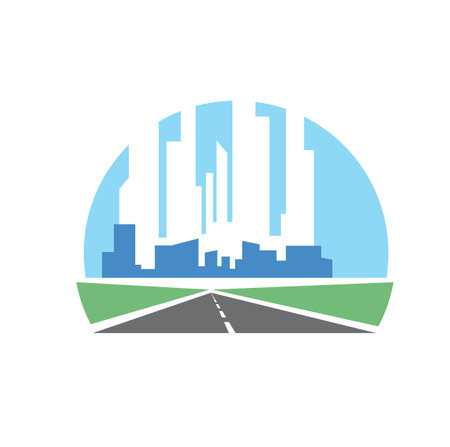 Freeway path, speed highway icon with skyscrapers. Vector freeway, asphalt road with straight roadway and metropolis skyline on horizon. Road travel, transportation industry symbolのイラスト素材