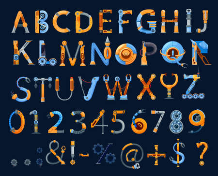 Cartoon mechanics and robots font, vector kids alphabet or type, letters, digits and punctuation marks. Abc uppercase characters made of machine or cyborg parts, gears and wireのイラスト素材