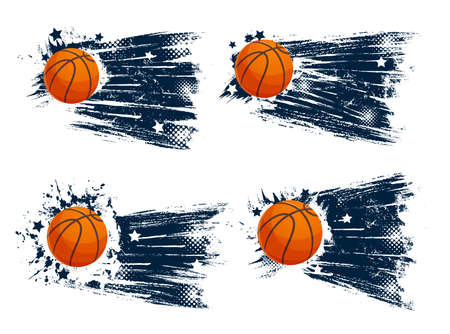Grunge sport balls of vector basketball game design. Orange rubber balls, basketball team player equipment and court items on blue grunge background with halftone pattern and stars, sport competitionのイラスト素材