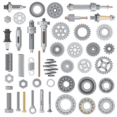 Industrial machines and vehicles vector spare parts. Vector bolts, nuts and anchors, springs and washers, car, motorcycle or bicycle transmission cog wheels, ball bearings and shock absorbersのイラスト素材