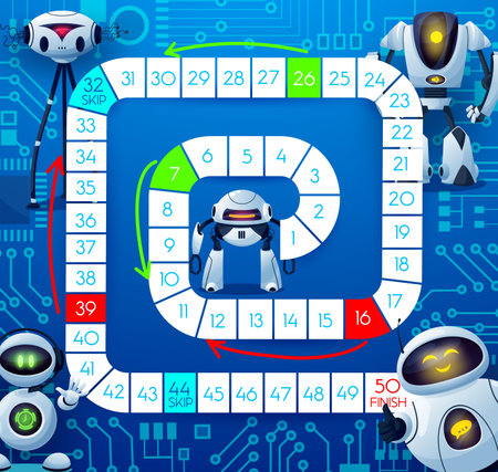 Board game with robots and motherboard, kids tabletop game, vector template. Kids cartoon track move...