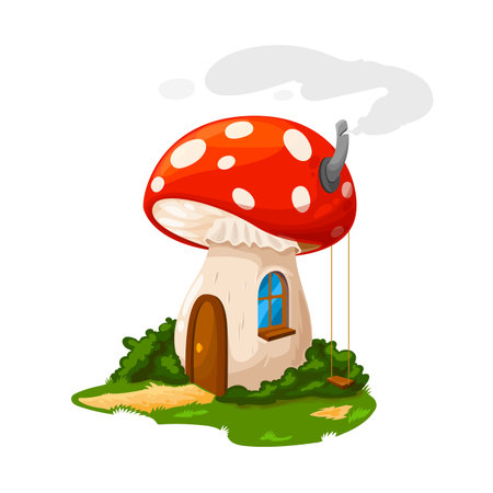 Fairy mushroom house or gnome dwelling and dwarf home, vector cartoon. Dwarf gnome or elf fairy tale mushroom house from amanita, hut with wooden door, chimney and swings at garden yard