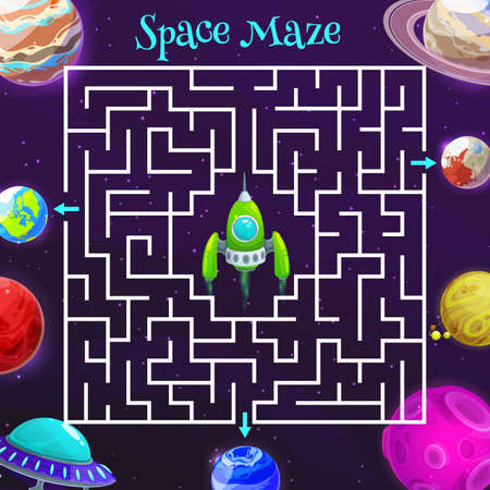 Cartoon space labyrinth maze game of vector kids education design. Puzzle game, riddle, quiz or test with square maze, help spaceship or shuttle to find right way to Earth and alien space planetsのイラスト素材