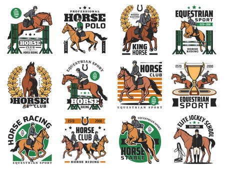 Equestrian sports, horse racing icons. Jokey riding stallion horse, jumping over obstacle, winner cup and horseshoe. Equestrian event, show jumping and jockey school, horse polo sport club emblemsのイラスト素材