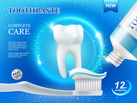 Whitening toothpaste and brush, dental care, teeth cleaning vector ad poster with white healthy tooth and tube with paste on blue background with glow sparkles. Plaque protection and repair productのイラスト素材