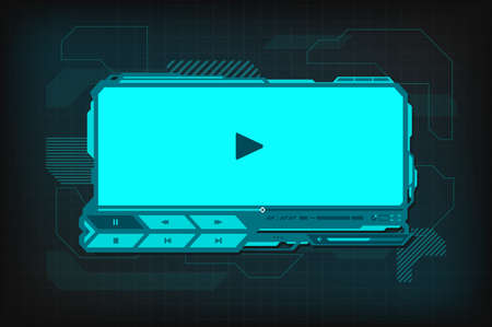 HUD video player futuristic interface. Vector digital ski-fi template with play button, menu bar and slider on neon glowing screen. Ui, ux hi-tech skin web design for online movie multimedia contentのイラスト素材