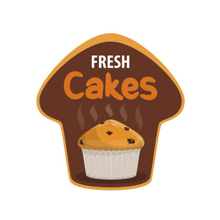 Fresh cake vector icon of bakery and pastry shop sweet food. Cupcake or muffin, vanilla cake or sugar pie with chocolate drops, paper cup and steam swirls, isolated badgeのイラスト素材