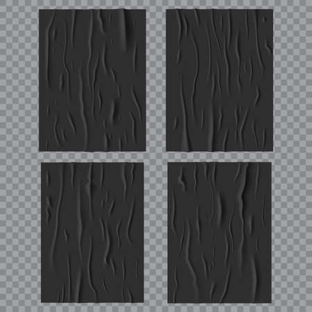 Black glued wet posters, wrinkled and crumpled paper texture. Vector creased rectangular sheets with corrugation isolated on transparent background, blank mockup for ads design. Realistic 3d setのイラスト素材