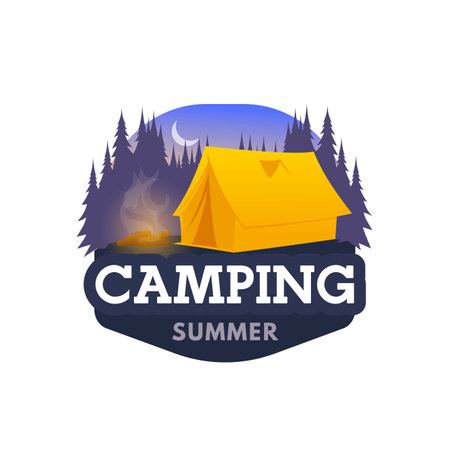 Night camping icon, tent and tourist camp club vector emblem. Summer camping, trekking and hiking travel or eco tourism equipment, campsite hut and fire, outdoor mountaineering and scout adventureのイラスト素材