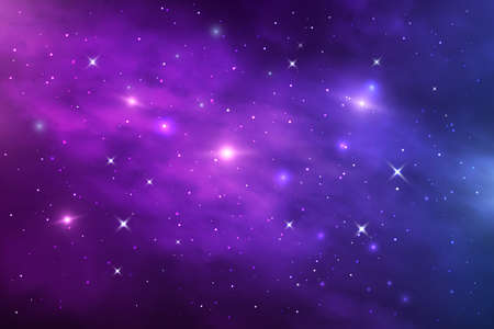 Space galaxy nebula, stardust and shining stars. Starry universe vector cosmic background with blue and purple realistic nebulosity and glow stars. Infinite cosmos, night sky wallpaper or backdropのイラスト素材