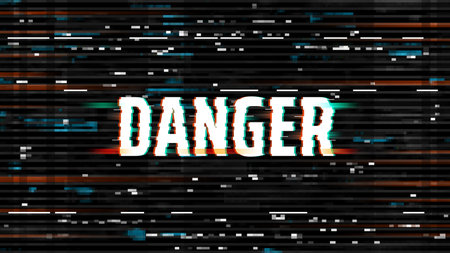 Danger glitch background, hacking or virus screen, vector distorted pixelized noise on black...