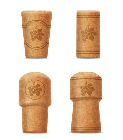 Realistic corks, wine stoppers of different shapes, 3d corkwood plugs with grape bunch and leaves image. Wooden bungs for bottle, equipment for alcohol winery production isolated on white backgroundのイラスト素材
