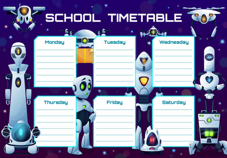 Humanoid robots and school timetable vector template. Weekly planner frame design with artificial intelligence cyborgs. Educational cartoon schedule, kids time table for lessons with ai botsのイラスト素材