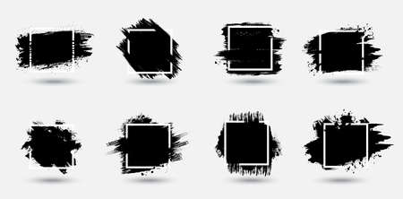 Grunge frames set, paint strokes texture vector backgrounds. Black ink, spatters, brushstrokes and stains, mud smudges, dirty traces and smears. Square grungy frame with dirty, rough sidesのイラスト素材