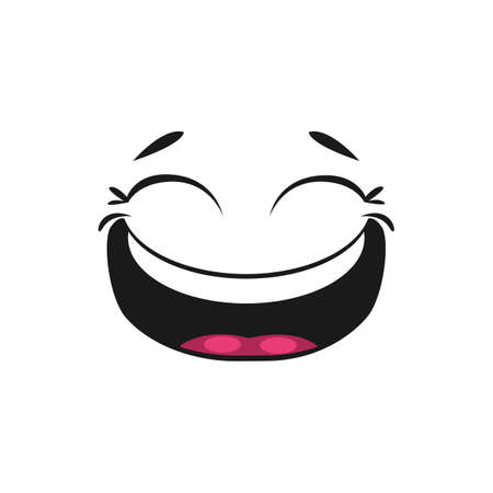 Laughing smiley with broad open mouth and winked eyes of joy. Vector happy smiling emoji, giggling emoticon in good mood. Satisfied avatar expression, comic man head with blinked eyes, funny joke signのイラスト素材