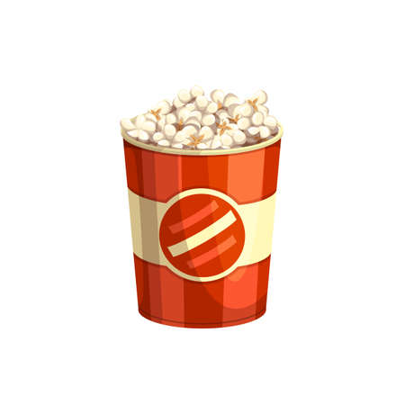 Popcorn fast food snack, menu icon, vector isolated basket. Fastfood restaurant, cinema bistro and street food cafe dessert snack or appetizer, popcorn in red carton bucketのイラスト素材