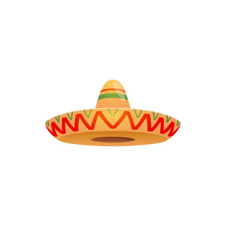 Mexican sombrero hat, festive cap vector icon. Spanish headwear for Mexico cinco de mayo festival. Isolated cartoon traditional costume straw headdress for celebration with zigzag ornamentのイラスト素材