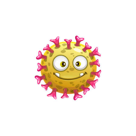 Cartoon rotavirus cell vector icon, funny virus, bacteria or germ character happy face. Smiling pathogen microbe monster with big eyes, isolated yellow round cell with teeth and pimplesのイラスト素材