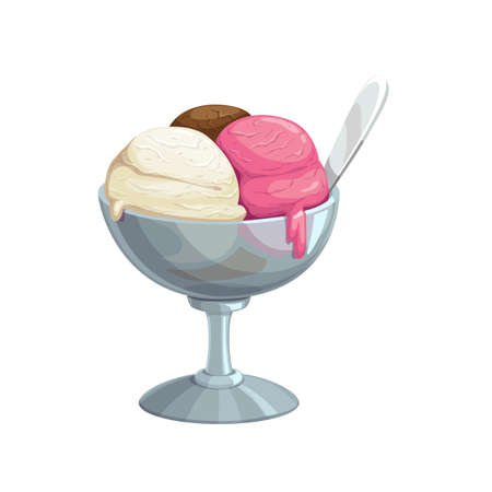 Ice cream, fast food dessert sweets, vector menu isolated icon. Ice cream chocolate, vanilla, and strawberry pink scoop in bowl cup, fastfood cafeteria or gelateria dessert sundae or sorbet icecream