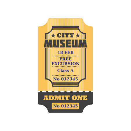 Ticket to city museum, numbered paper card with price, free excursion included. Vector admit on performance or excursion in museum, coupon with date, special voucher. Admission to visit exhibitionのイラスト素材