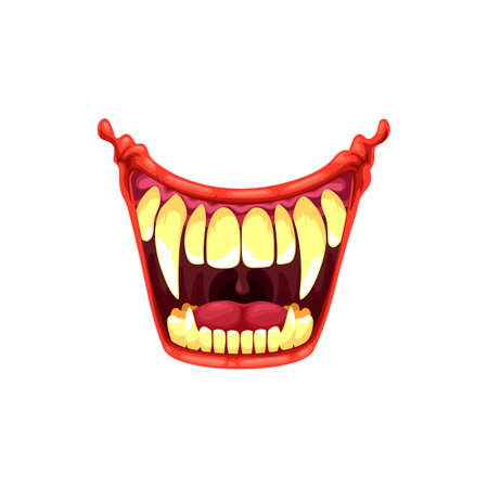 Vampire or clown mouth with fangs vector icon. Cartoon monster roar scary jaws with long pointed teeth, open yell maw roar or yell isolated on white backgroundのイラスト素材