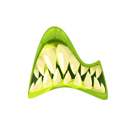 Monster mouth vector icon, creepy zombie or alien gnash jaws with sharp yellow teeth, green lips and gooey saliva. Halloween creature mouth isolated on white backgroundのイラスト素材