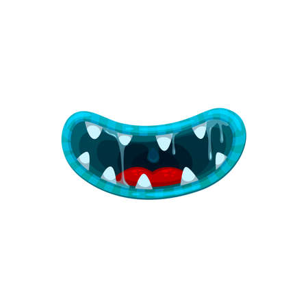 Monster mouth, vector smile jaws with sharp teeth and nasty blue lips with dripping gooey saliva. Halloween creature disgusting smiling alien mouth isolated on white backgroundのイラスト素材