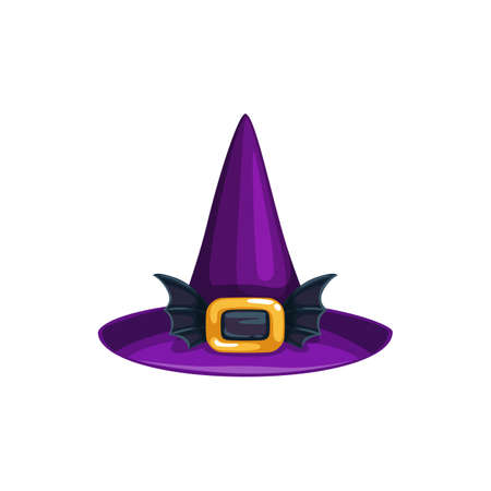 Cartoon witch hat vector icon, violet magician headwear with golden buckle and bat wings. Wizard cap with cone crown, halloween costume isolated on white backgroundのイラスト素材