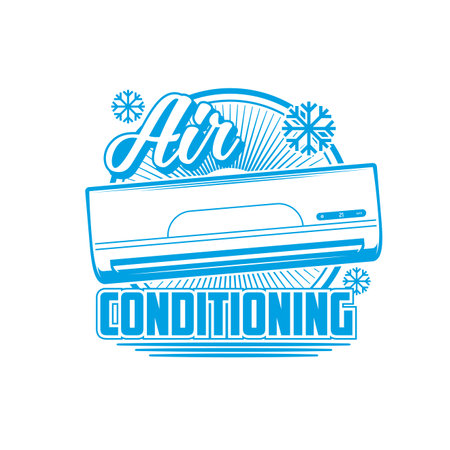 Air conditioning icon, conditioners and split systems vector emblem. Home air conditioners, cleaning and cooling ventilation appliances, air purifiers or ionizer for rooms with HEPA filtersのイラスト素材