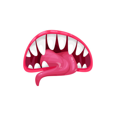 Monster mouth vector icon, creepy yelling beast jaws with sharp teeth with splashing saliva and long tongue. Angry creature roar maw isolated on white backgroundのイラスト素材