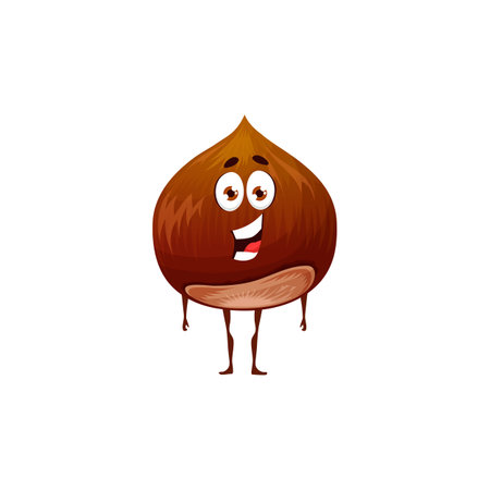 Cobnut or filbert nut isolated emoji emoticon flat cartoon character. Vector organic food snack with protein. Comic superfood hero hazel-nut in shell, vegetarian snack. Nut with kind smiling faceのイラスト素材