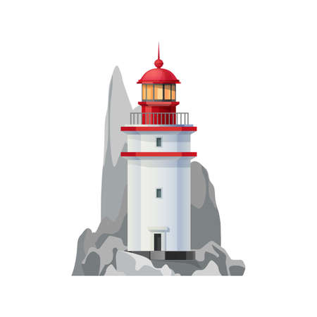 Sea lighthouse vector icon of nautical navigation safety tower. Isolated ocean beacon or lighthouse building with searchlight lamp, guide beam, seaside beach and coastal rock, marine travel designのイラスト素材