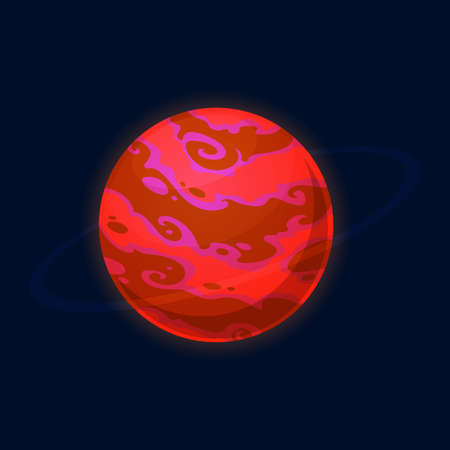 Red fiery planet isolated fantasy alien galaxy universe cartoon icon. Vector imaginary planet ui or gui game design, abstract round globe, funny kids or children cosmic planet, martians worldのイラスト素材