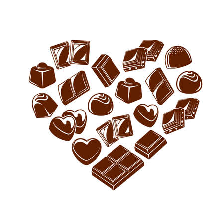 Chocolate bar pieces and candies heart. Chocolate truffle and bonbon with praline and toppings, vector bars with nut filling. Valentine holiday, wedding anniversary or birthday celebration backgroundのイラスト素材