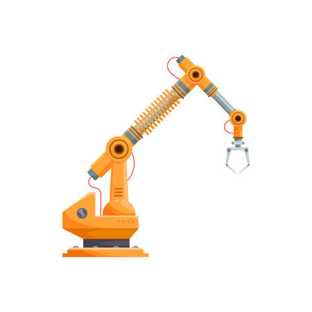 Automated mechanic hand isolated robotic arm with grabbing claw. Vector industrial machinery...