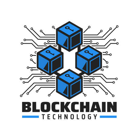 Blockchain technology icon, cryptocurrency payment service vector emblem. Blue cubes with key, computer motherboard tracks. Digital money technology, future electronic transaction databaseのイラスト素材