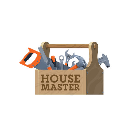 Wooden toolbox, vector house repair tools icon. Maintenance tool kit, construction hardware and...