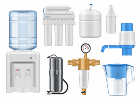 House water filtering equipment mockup. Realistic vector bottled water dispenser or cooler, reverse osmosis, pitcher and home countertop water filter cartridges, hand pump, backwash sediment filterのイラスト素材