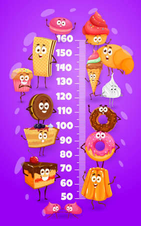 Cartoon sweets, cakes and deserts. Kids height chart, vector growth meter with cupcake, croissant and ice-cream, chocolate cookie, donut and waffle, marshmallow, jelly pudding and cake funny characterのイラスト素材