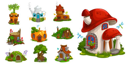 Gnome houses vector icons, cartoon fantasy building made of plants, vegetables and trees with green leaves. Fairy, gnome or elf cute homes in pumpkin, mushroom, carrot, stump and pot isolated setのイラスト素材