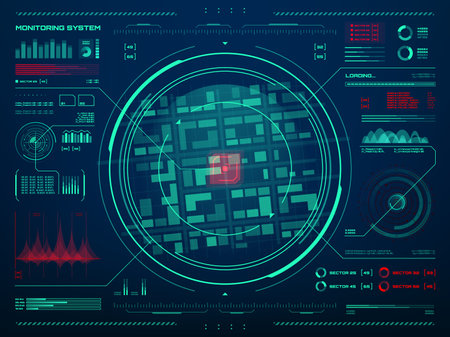 HUD security monitoring system technology. Secret service, police or army control center screen with target movement sensor data tracking interface, radar screen, neon map and information chartsのイラスト素材