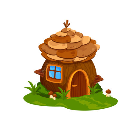 Fairy wooden house or dwelling of wizard. Vector fairytale home for dwarf or gnome with wood door, spider web on window and cone roof. Cute cartoon fantasy building on field with grass and mushroomsのイラスト素材