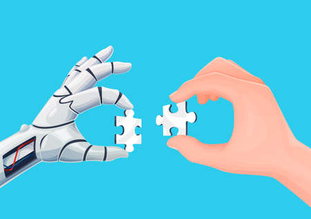 Robot and human hands connecting jigsaw puzzle pieces. Artificial intelligence technology vector concept, digital future and work robotic automation, problem solution and cooperation with AIのイラスト素材