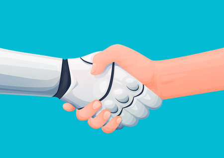 Cooperation with artificial intelligence. Human shaking hand with robot or android, man welcoming cyborg, future machine or robotic alien. Cartoon vector robot and man partnership handshakeのイラスト素材