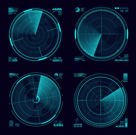 HUD military radar or sonar blue neon display. Army radar interface, satellite navigation technology vector screens or military weapon system, modern radar scanning territory, searching for targetsのイラスト素材